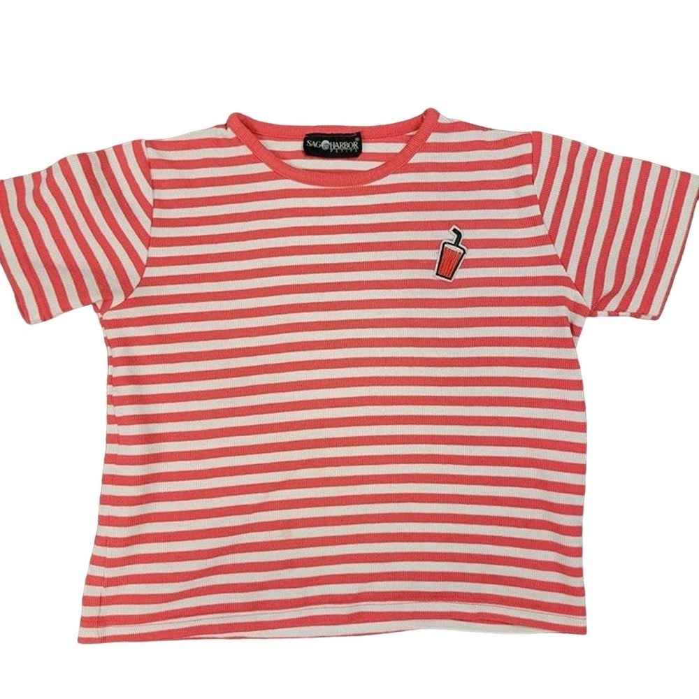 VINTAGE Women S T-Shirt striped patch soda red white 70s Nautical clown kid core